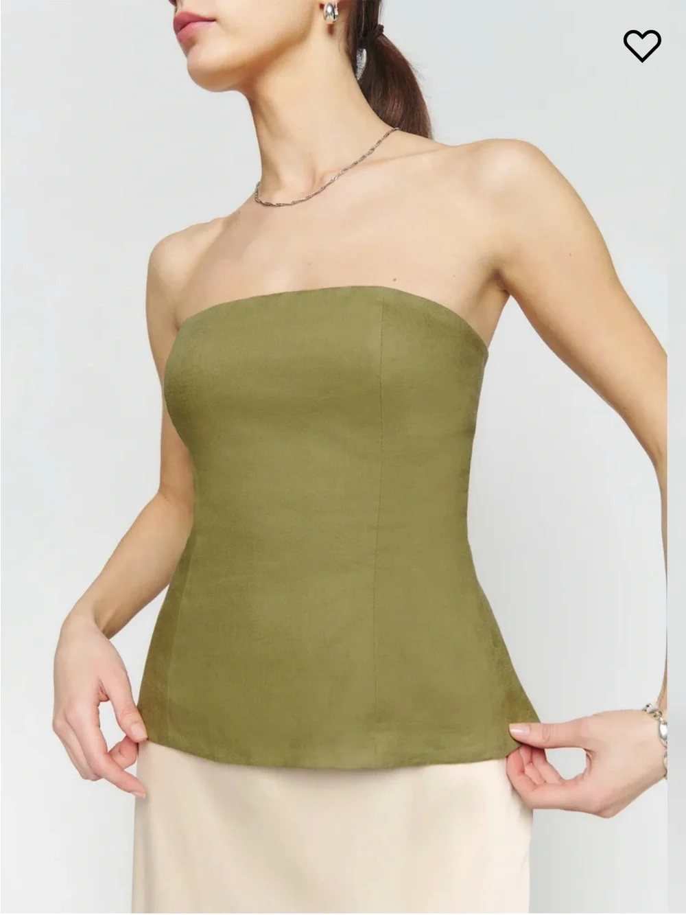 Reformation Iskra Two Piece Olive Strapless Top with Cream Satin Midi Skirt Set